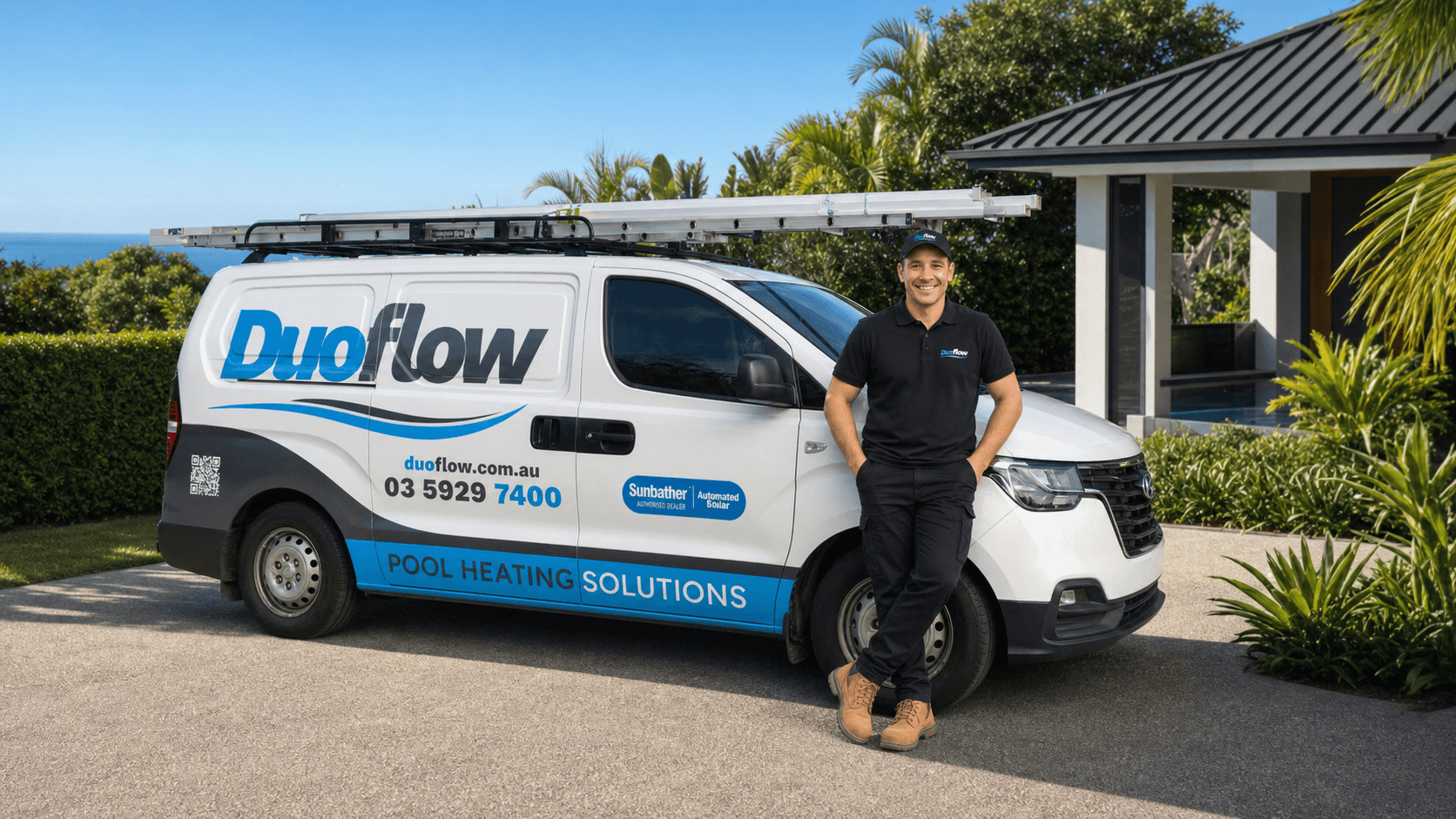 DuoFlow pool heating technician beside a branded service van