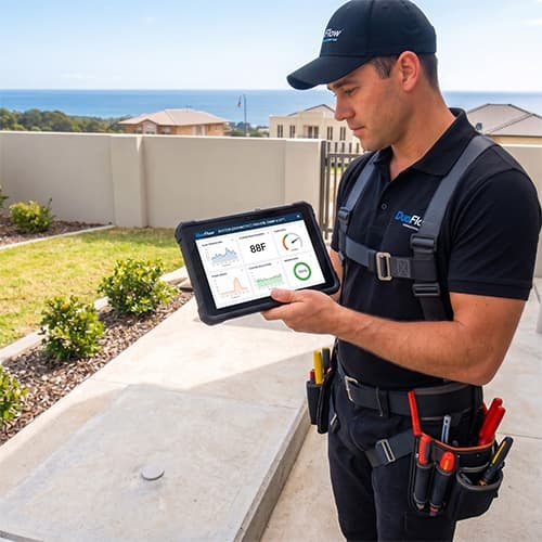 DuoFlow technician running system diagnostics on a tablet